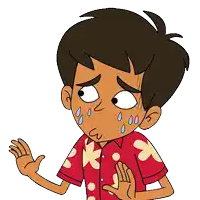 a cartoon boy with tears running down his face is wearing a red shirt