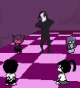 a group of cartoon characters are standing on a checkered floor in a room .
