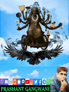 a poster for prashant gangwani with a statue of a woman on a cart