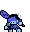 a pixel art drawing of a blue robot with a sword and shield .