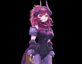 a purple anime character with horns is laying on a brown monster