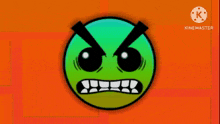 a cartoon angry face with a big mouth and sharp teeth on a orange background .