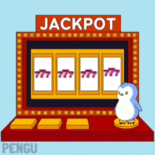 a penguin is standing in front of a slot machine that has the word jackpot on it