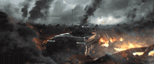 a battle scene with a tank in the foreground and smoke coming out of it