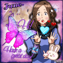 a picture of a girl with a pink butterfly and the words have a great day