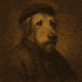 a painting of a dog wearing a beret with its tongue out