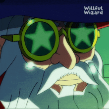 a cartoon of a man with a beard wearing goggles with a star on them and the words willful wizard below him