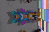 a cartoon character is standing in front of a wall of stained glass