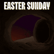 a poster for easter sunday with a tomb and crosses