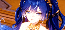 a close up of a blue haired anime girl with a gold necklace
