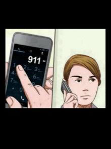 a man is talking on a cell phone and the number 911 is displayed on the screen