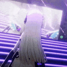 a girl with long white hair is standing in front of a large screen