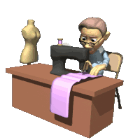 a cartoon man is using a sewing machine with a mannequin in the background