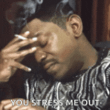 a man is smoking a cigarette and covering his face with his hand with the words you stress me out below him .