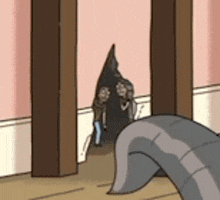 a cartoon of a man standing in a room with a snake .