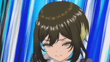 a close up of a girl 's face against a blue and white background