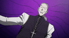 a man with a cross on his chest is smiling