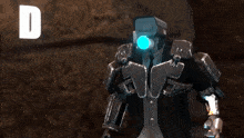 a robot with a blue eye and the words " do n't sh " behind it