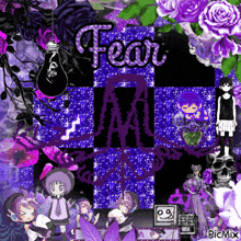 a purple and black collage with the word fear written on it