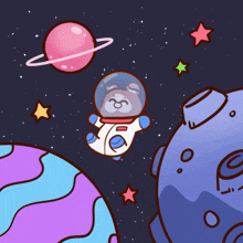 a cartoon of a bear in an astronaut 's suit in space