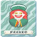 a pixel art of a leprechaun with red hair and a green hat on a green background .