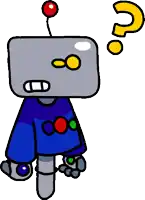 a cartoon robot with a question mark above its head