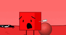 a red cartoon character with a surprised look on his face is standing next to a red ball .