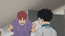 a man with red hair is standing next to another man with glasses