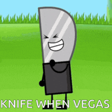 a cartoon character is holding a knife and smiling .