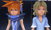 two cartoon characters are standing next to each other and one has headphones on his head