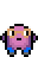 a pixel art drawing of a person wearing a pink shirt and blue pants .