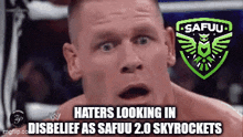 a man in a boxing ring with the words haters looking in disbelief as safuu 2.0 skyrockets below him