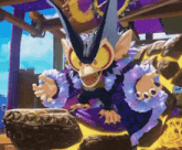 a cartoon character with horns and a purple coat is standing on a rock