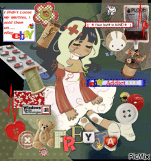 a cartoon of a girl surrounded by sewing supplies and a ebay ad