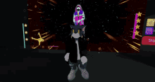 a cartoon character is dancing in front of a screen that says sto on it