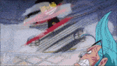 a cartoon character with blue hair and glasses is being attacked by another character with a sword .