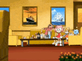 a group of cartoon characters are sitting in a living room with a painting of a ship on the wall