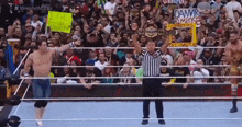 a referee holds up a sign that says ' dammr amrose connecting '