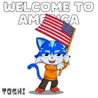 a cartoon cat holding an american flag with the words welcome to america behind him