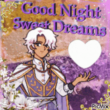 a picture of a man holding a heart with the words good night sweet dreams