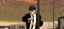 a man with a mask and a jacket that says bf