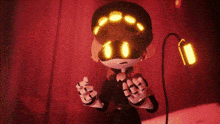 a cartoon character with glowing eyes is standing next to a microphone