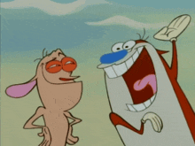 two cartoon characters are standing next to each other and one of them is smiling