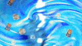 a blue background with a swirl and a few pieces of paper that say salt