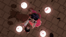 a girl with long purple hair is wearing a pink and white dress