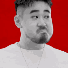 a man with a beard is making a funny face with his mouth open