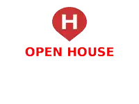 a red circle with the letter h inside of it and the words open house below it
