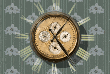 a clock with roman numerals on a floral background shows the time as almost 5:00