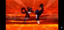a cartoon of a man kicking another man in the face in a video game .