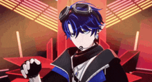 a boy with blue hair and goggles is wearing a black and blue outfit .